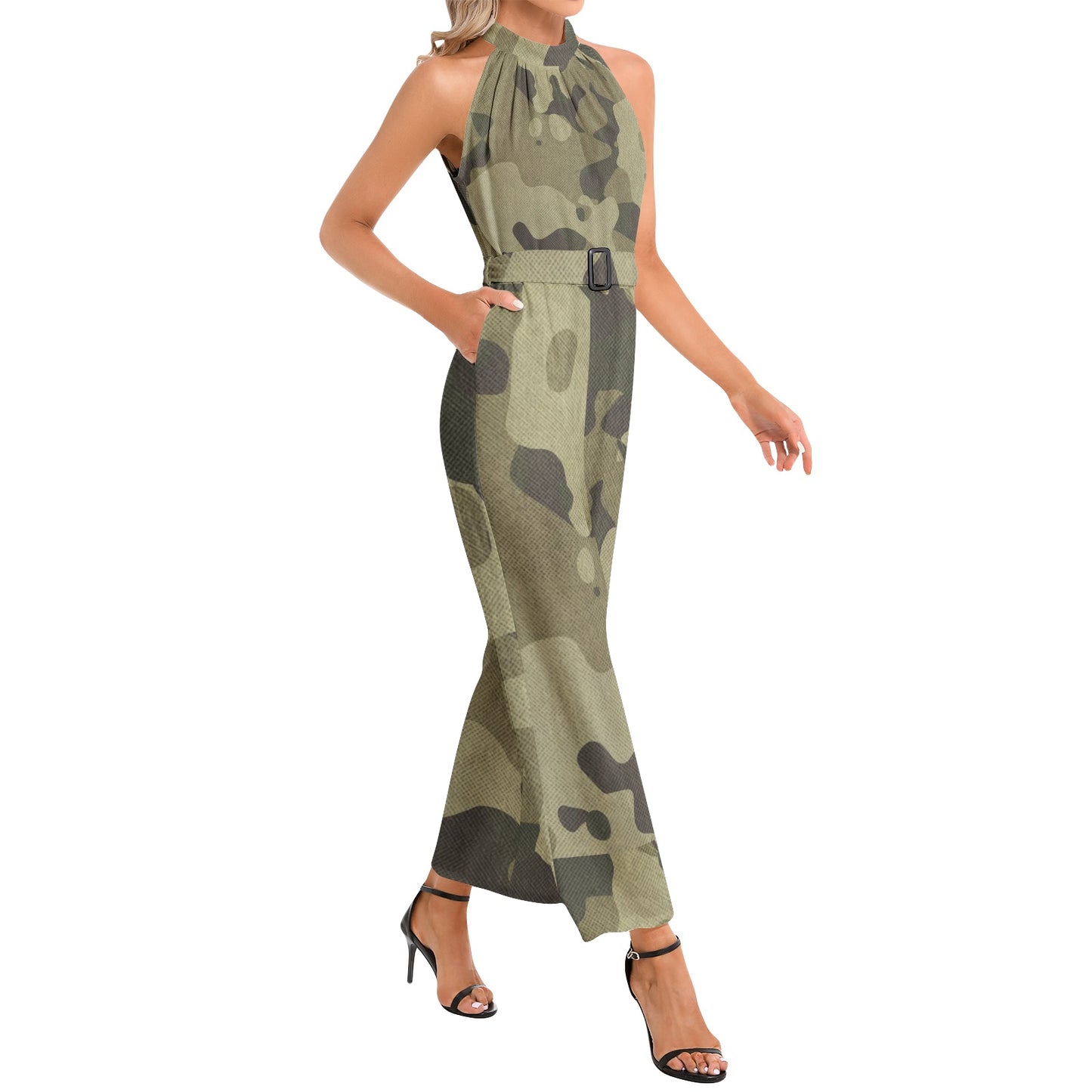 Camo Jumpsuit | Belted Halter Neck | Green Fabric Camouflage