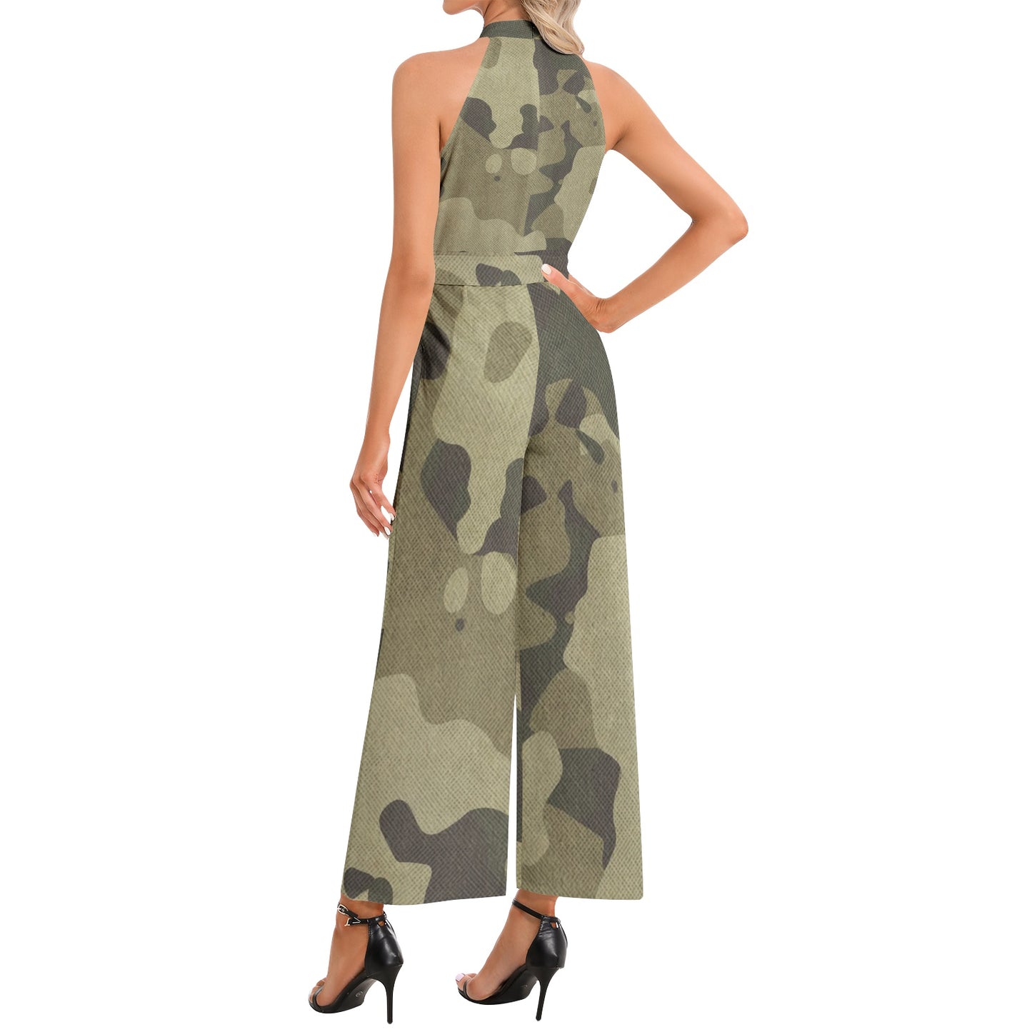 Camo Jumpsuit | Belted Halter Neck | Green Fabric Camouflage