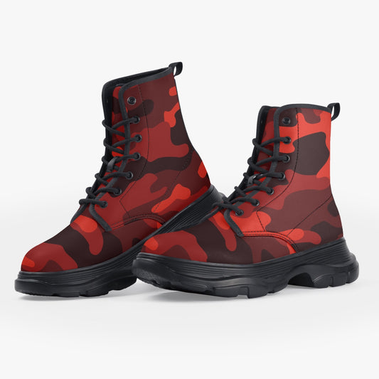 Chunky Boots | Leather in Scarlet Red & Black Camouflage