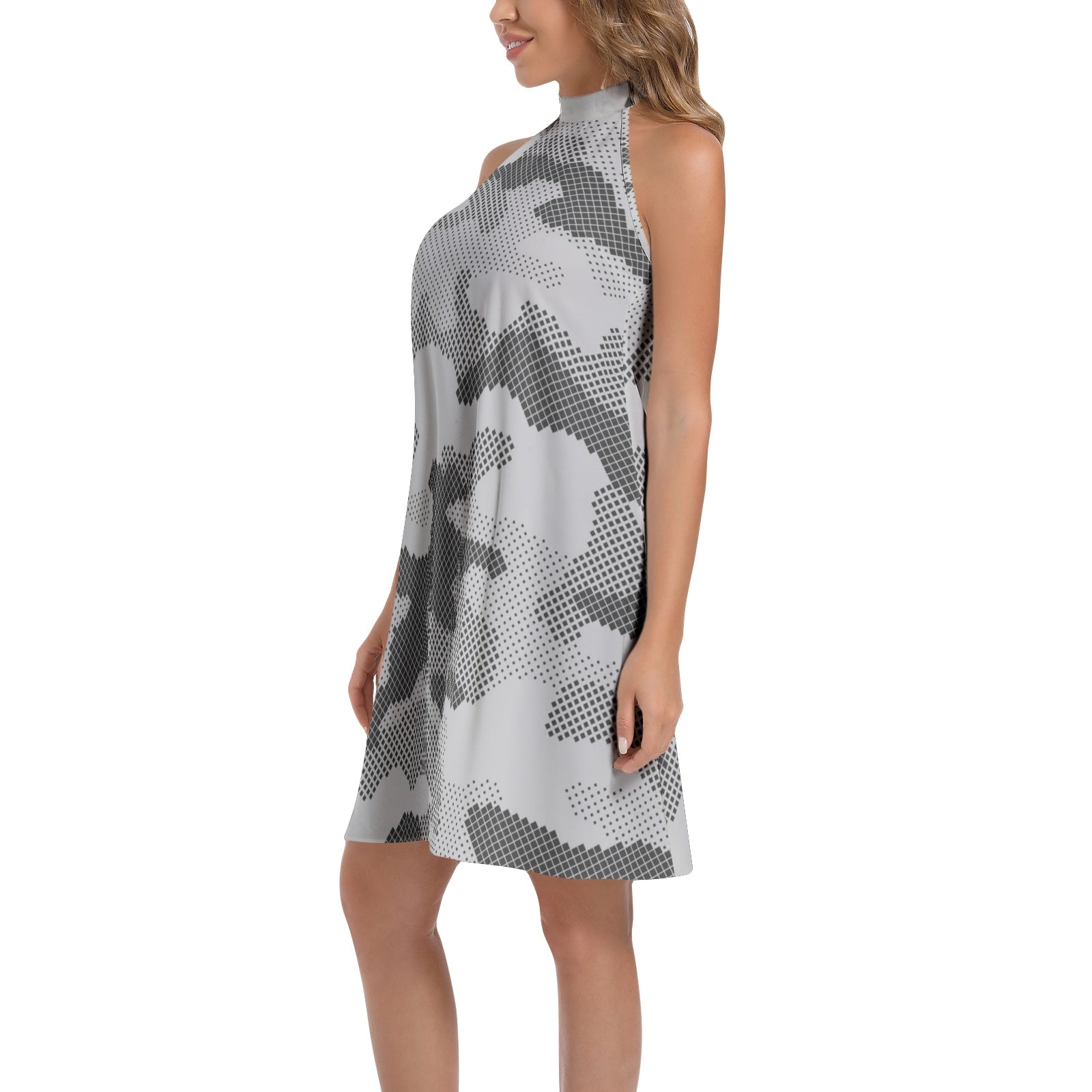 Flared Camo Dress | Halter Neck | Digital Gray Camouflage