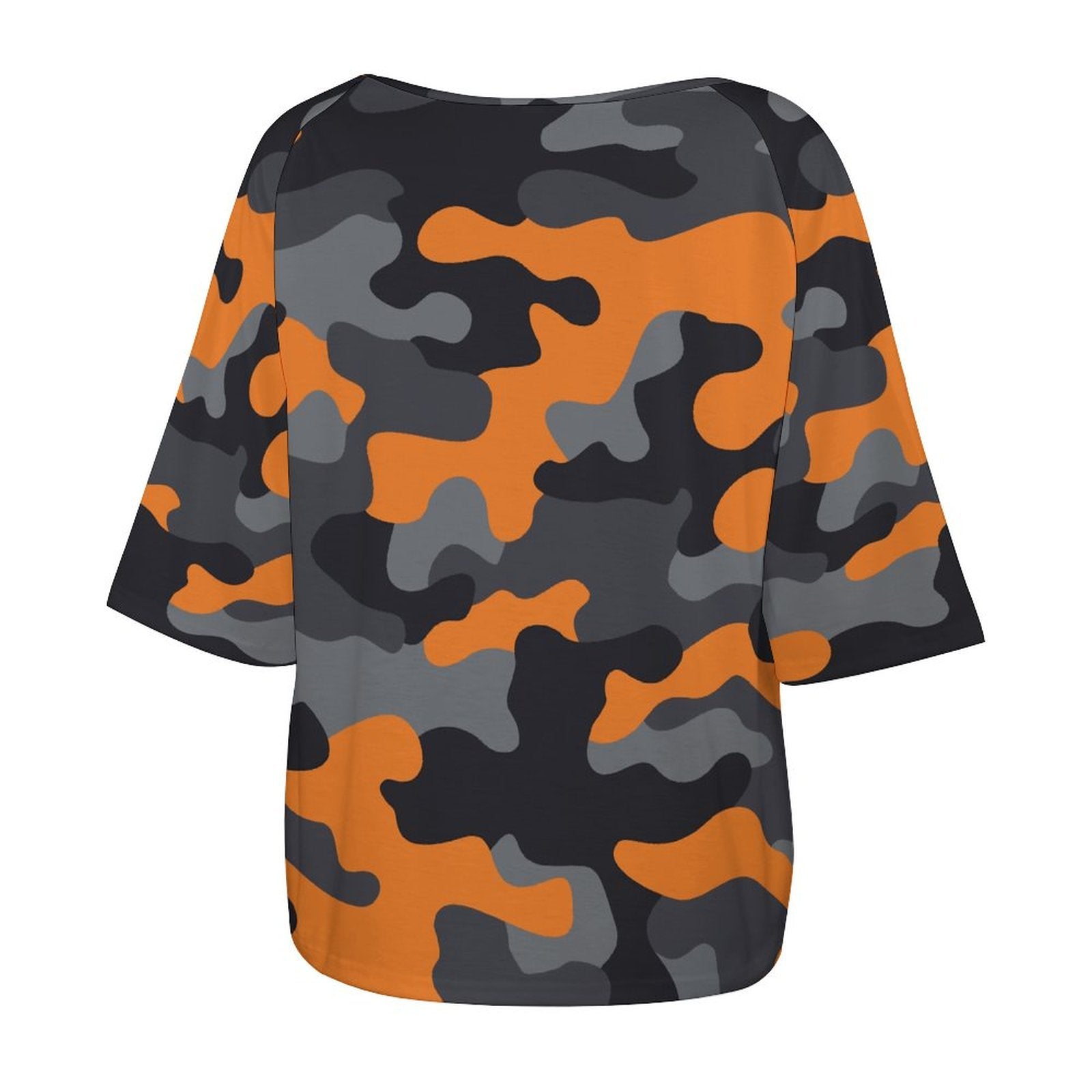 Off The Shoulder Top | Orange, Gray & Black Camo Shirt