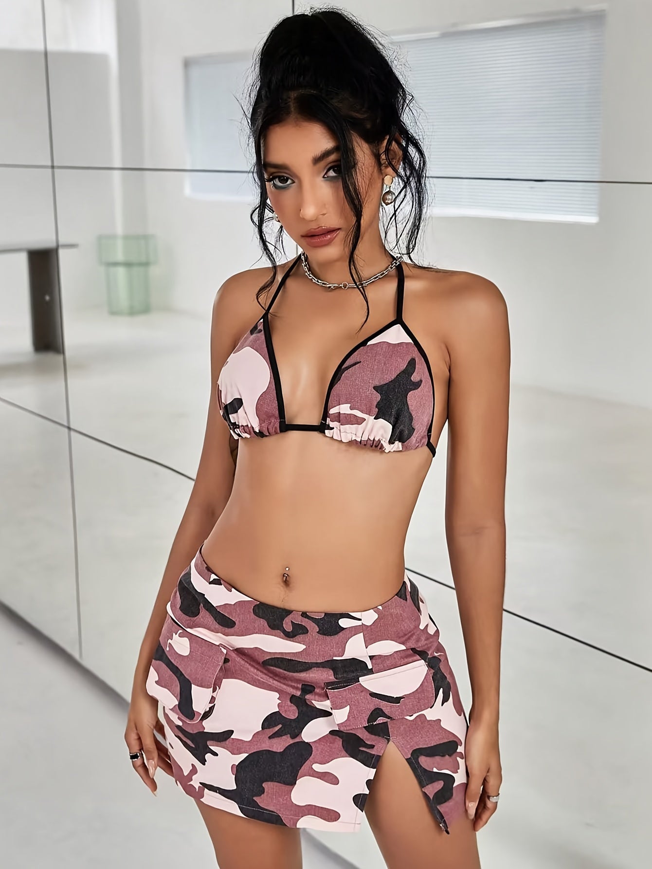 Women's Camo Denim 2 Piece Set | Top & Split Side Bodycon Mini Skirt