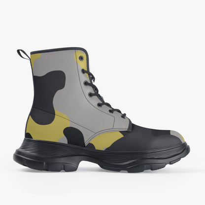 Chunky Boots | Leather in Yellow, Black & Silver Camouflage