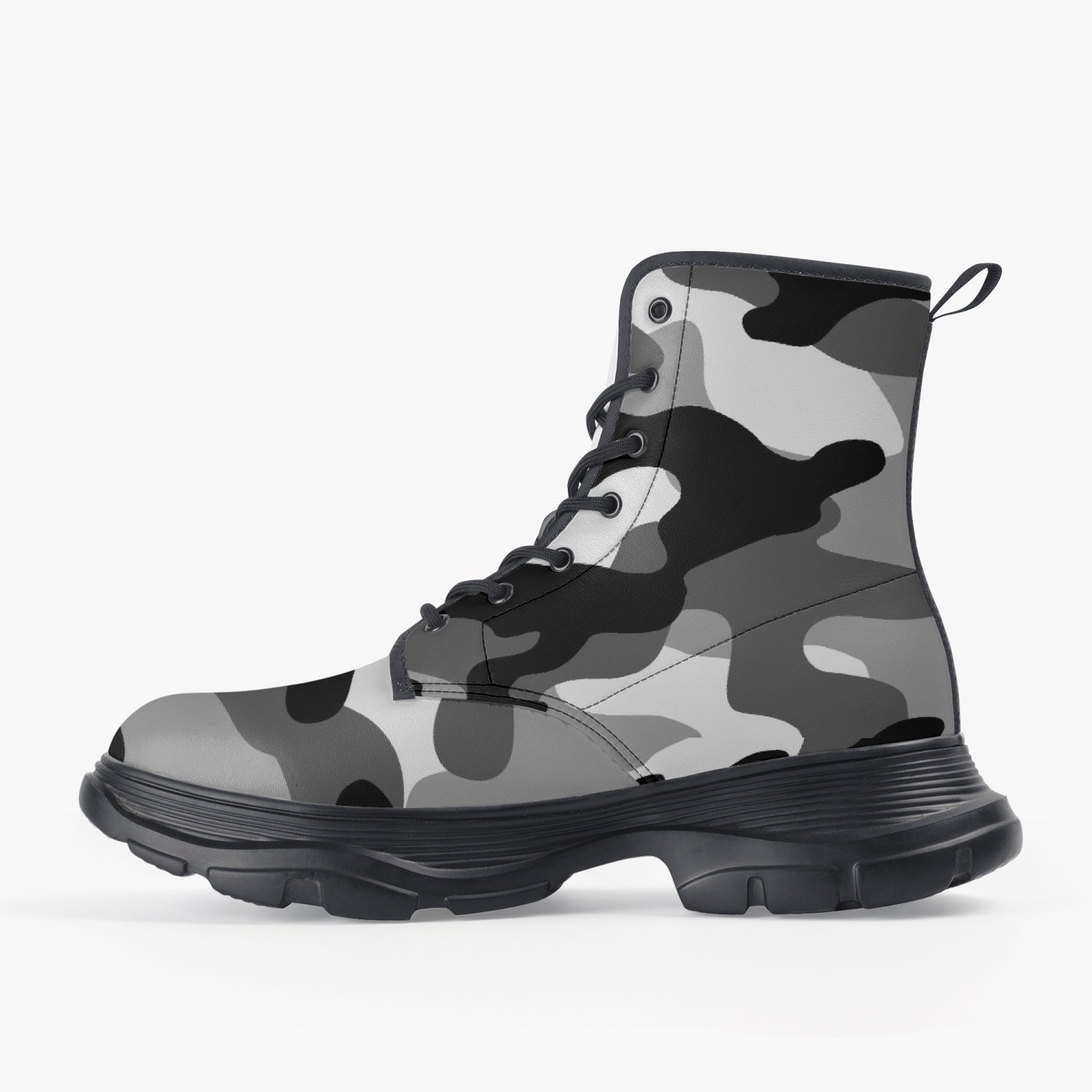 Chunky Boots | Leather in Gray, Black, & White Camouflage