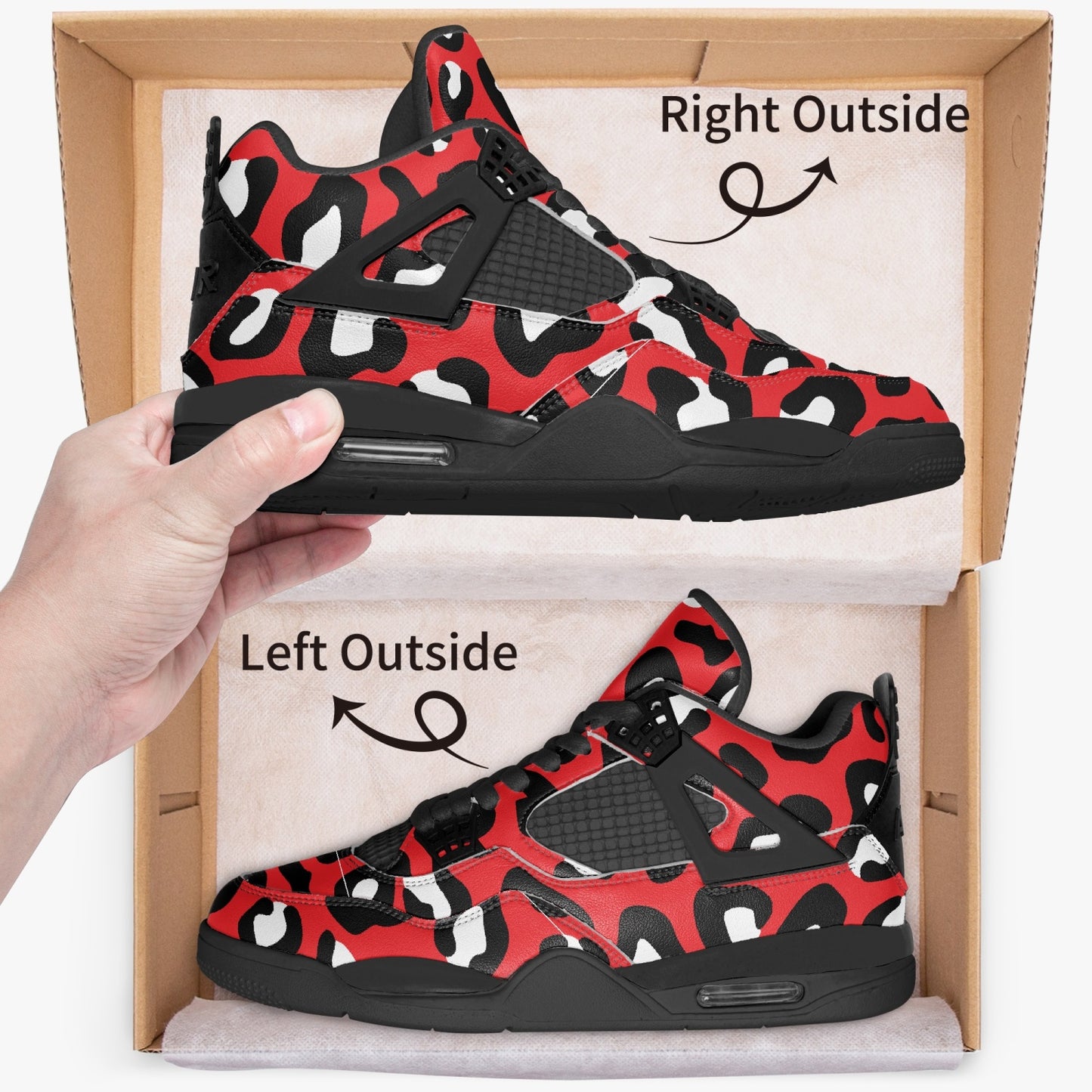 Leopard Jordans AJ4 | Red, Black and White Pattern