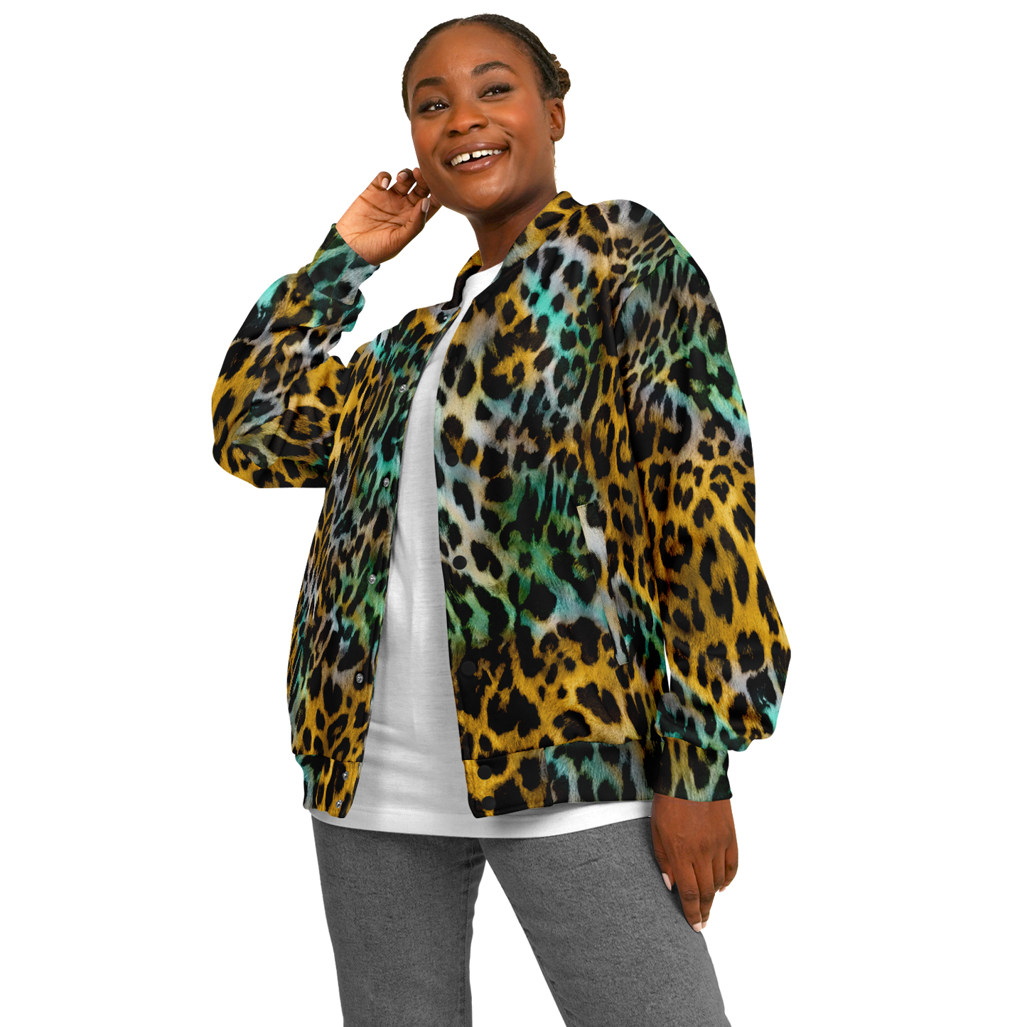 Baseball Jacket in Yellow and Blue Leopard Print