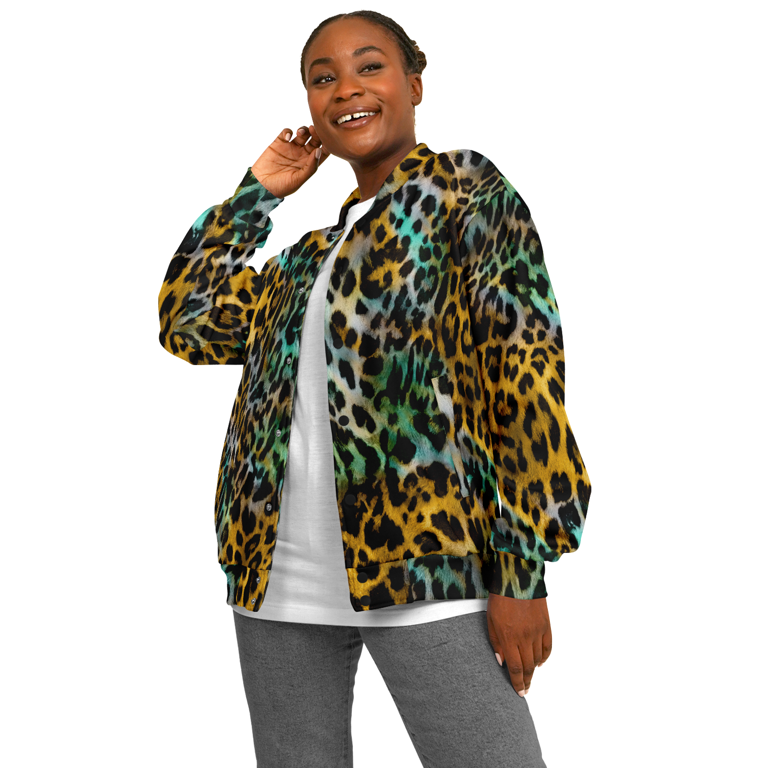 Baseball Jacket in Yellow and Blue Leopard Print