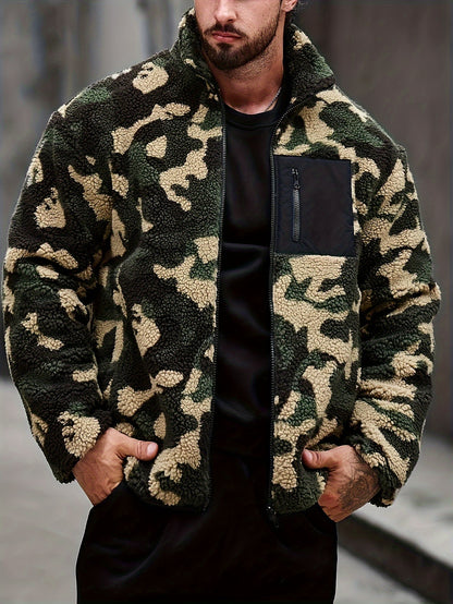 Camouflage Pattern Polar Fleece Jacket, Men's Casual Lapel Coat For Fall Winter