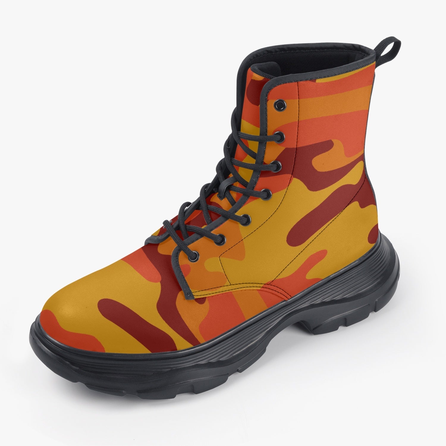 Chunky Boots | Leather in Orange & Red Camouflage