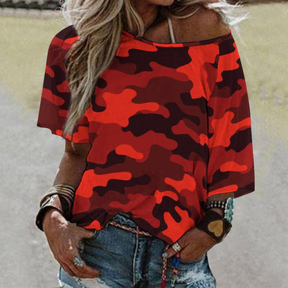 Off The Shoulder Top | Scarlet Red & Black Camo Shirt