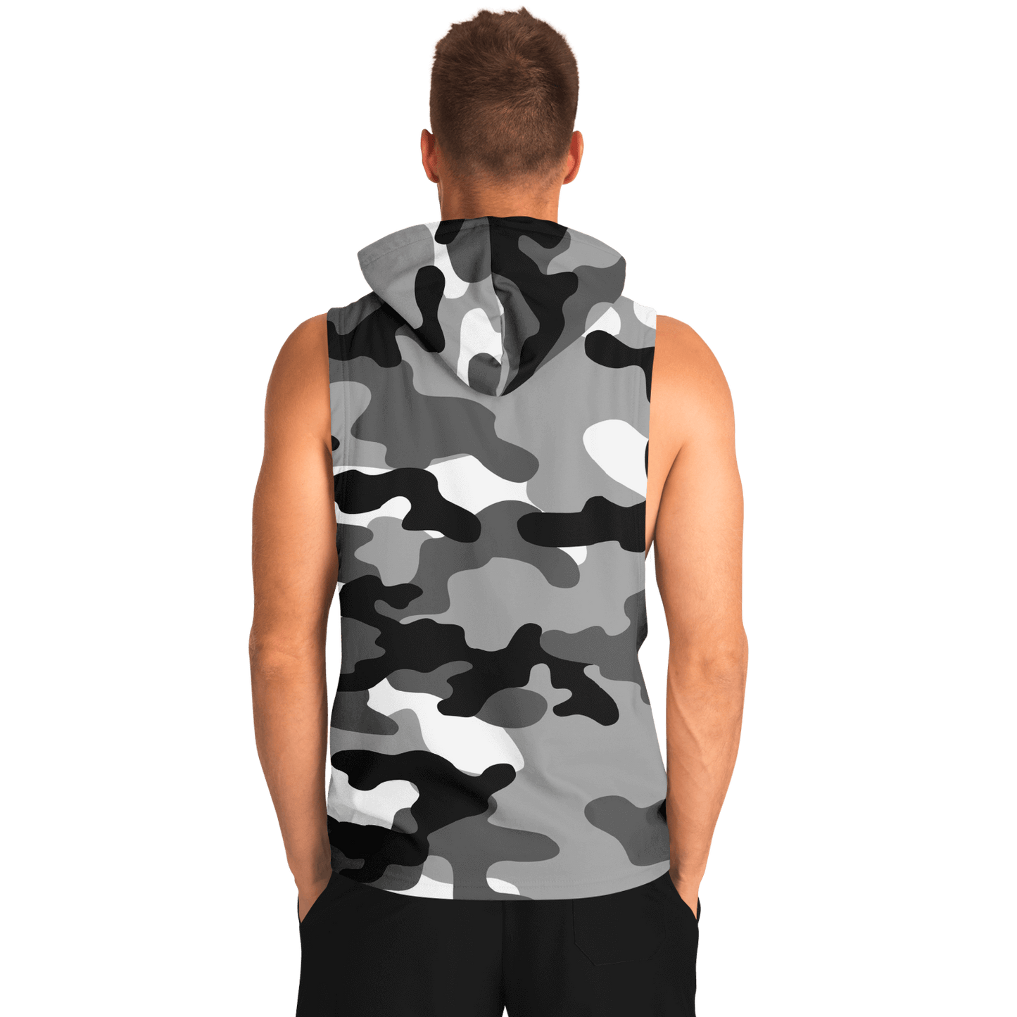 Sleeveless Hoodie | Black, White & Gray Camouflage