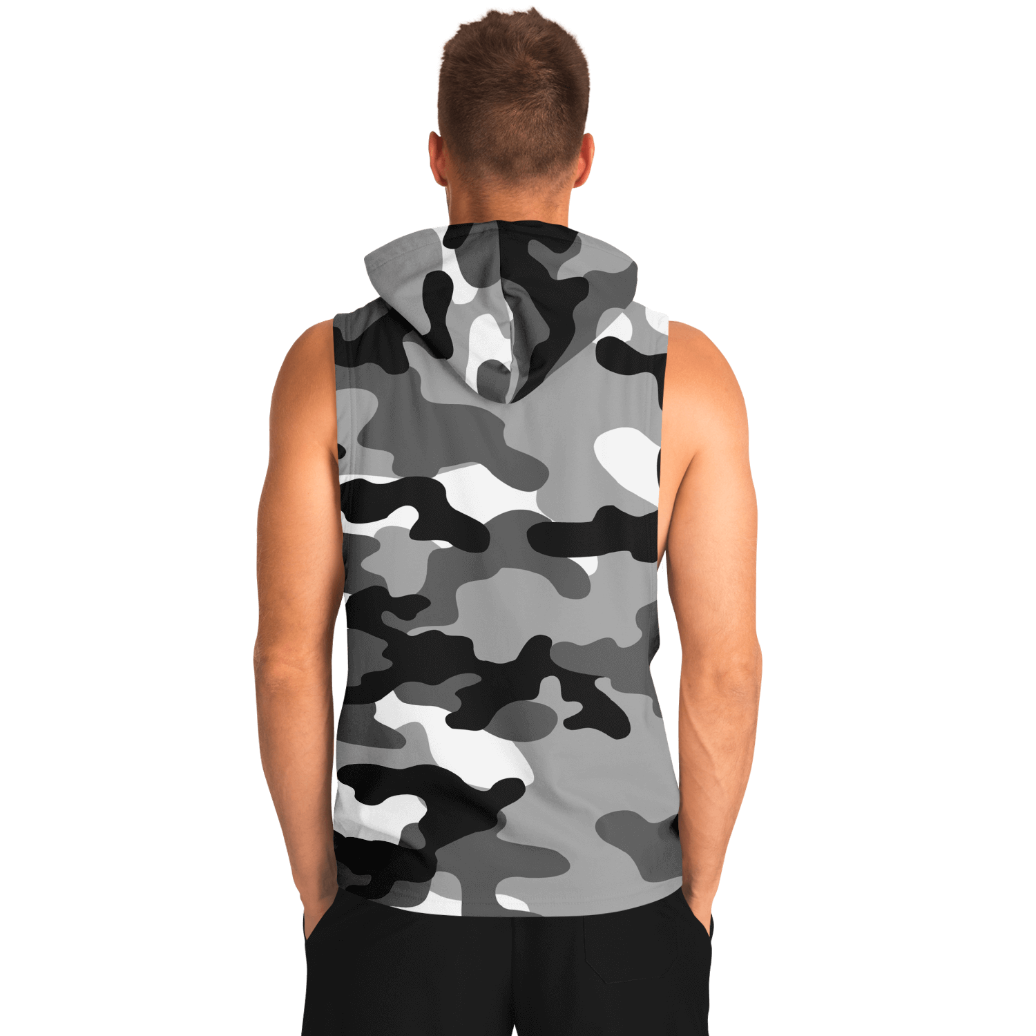 Sleeveless Hoodie | Black, White & Gray Camouflage