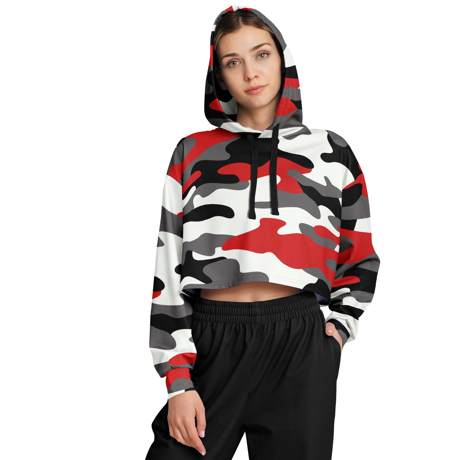 Cropped Hoodie For Women | Red, Black & White Camouflage