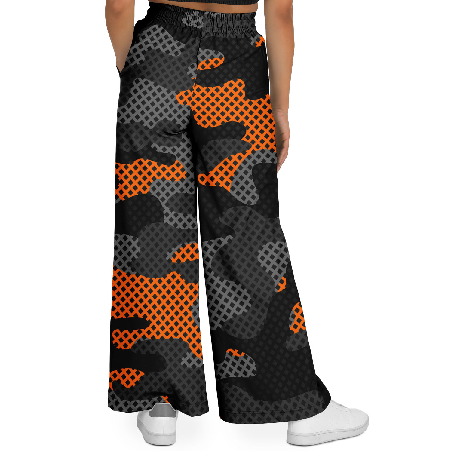 Camo Wide Leg Pants For Women | Black & Orange Pixel Pattern