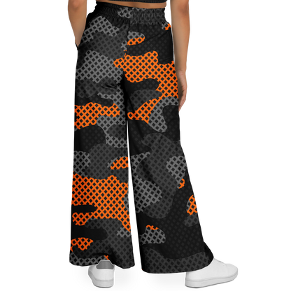 Camo Wide Leg Pants For Women | Black & Orange Pixel Pattern