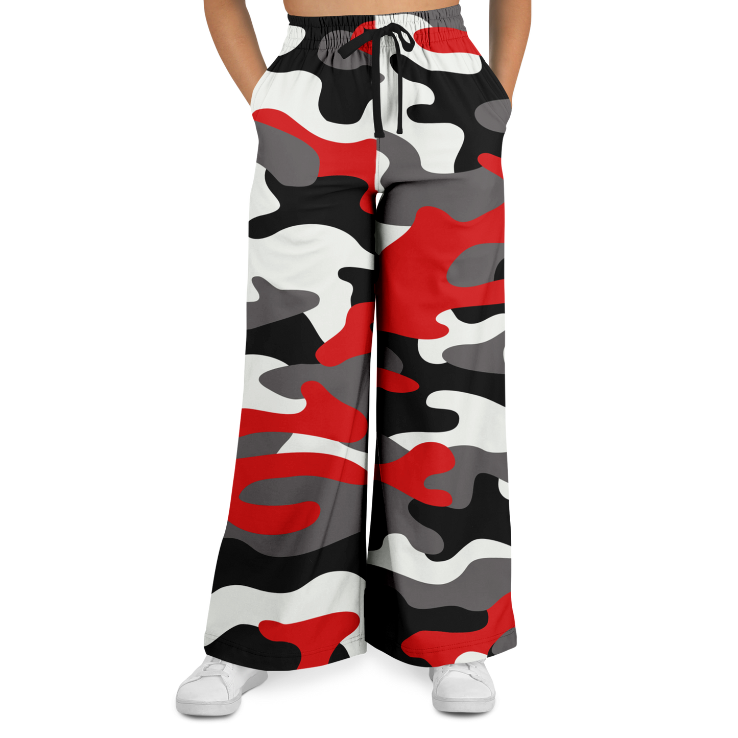 Camo Wide Leg Pants For Women | Red, Black & White Camouflage