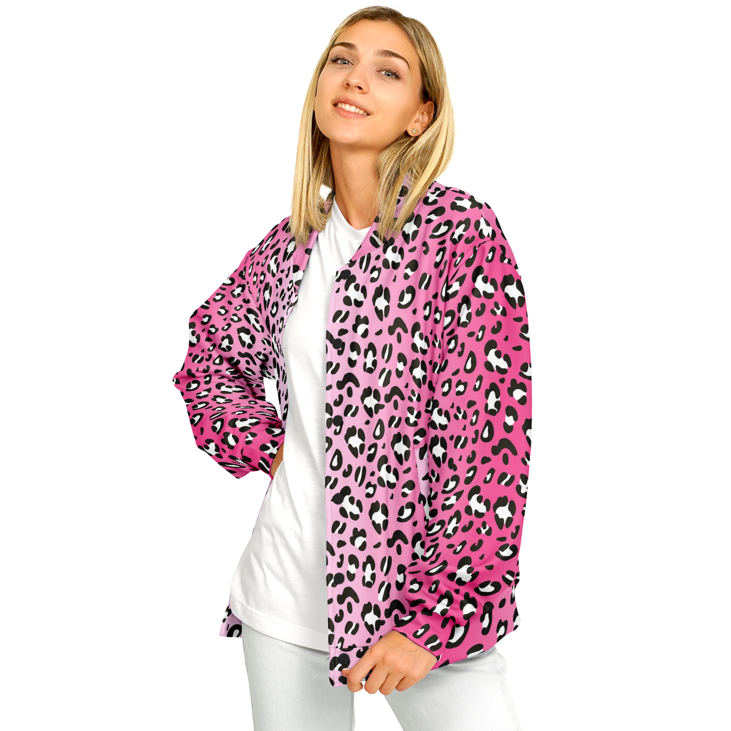 Baseball Jacket in Pink, Black & White Leopard Pattern