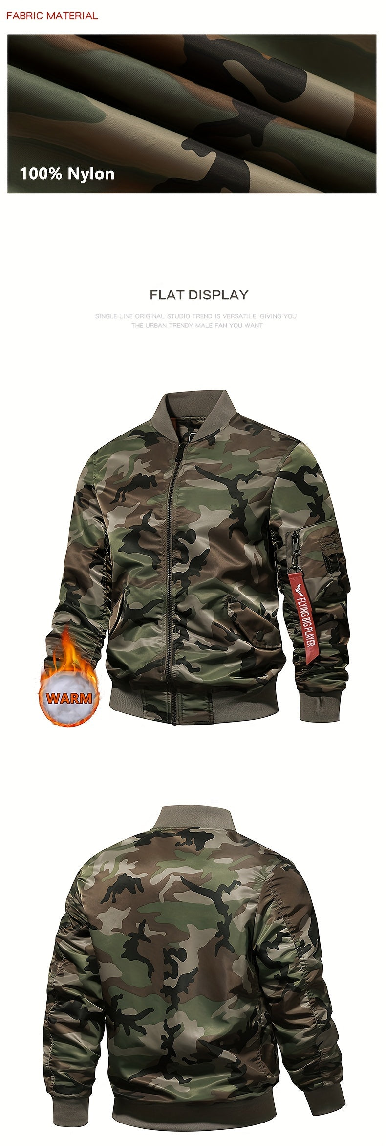 Camo Bomber Jacket with Baseball Collar & Pockets