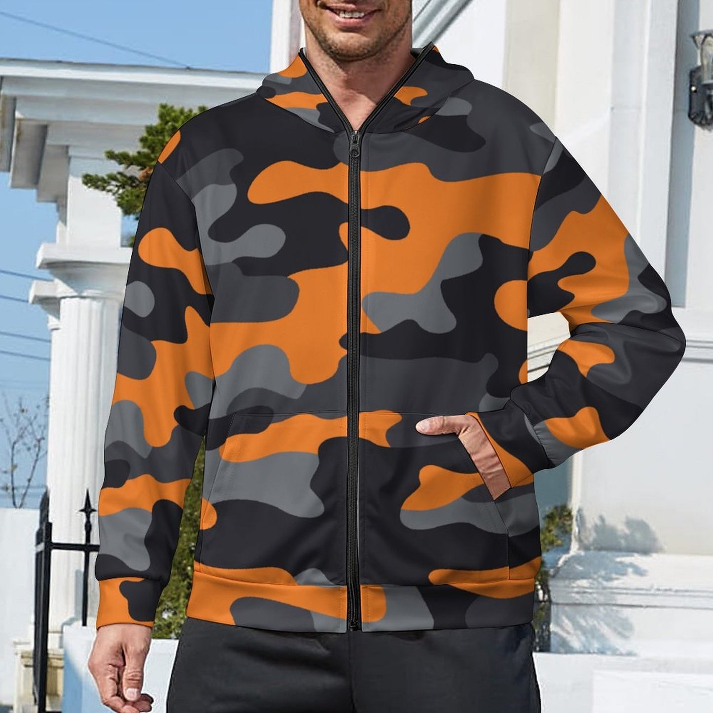 Zip up Camo Hoodie | Orange, Gray & Black Camouflage