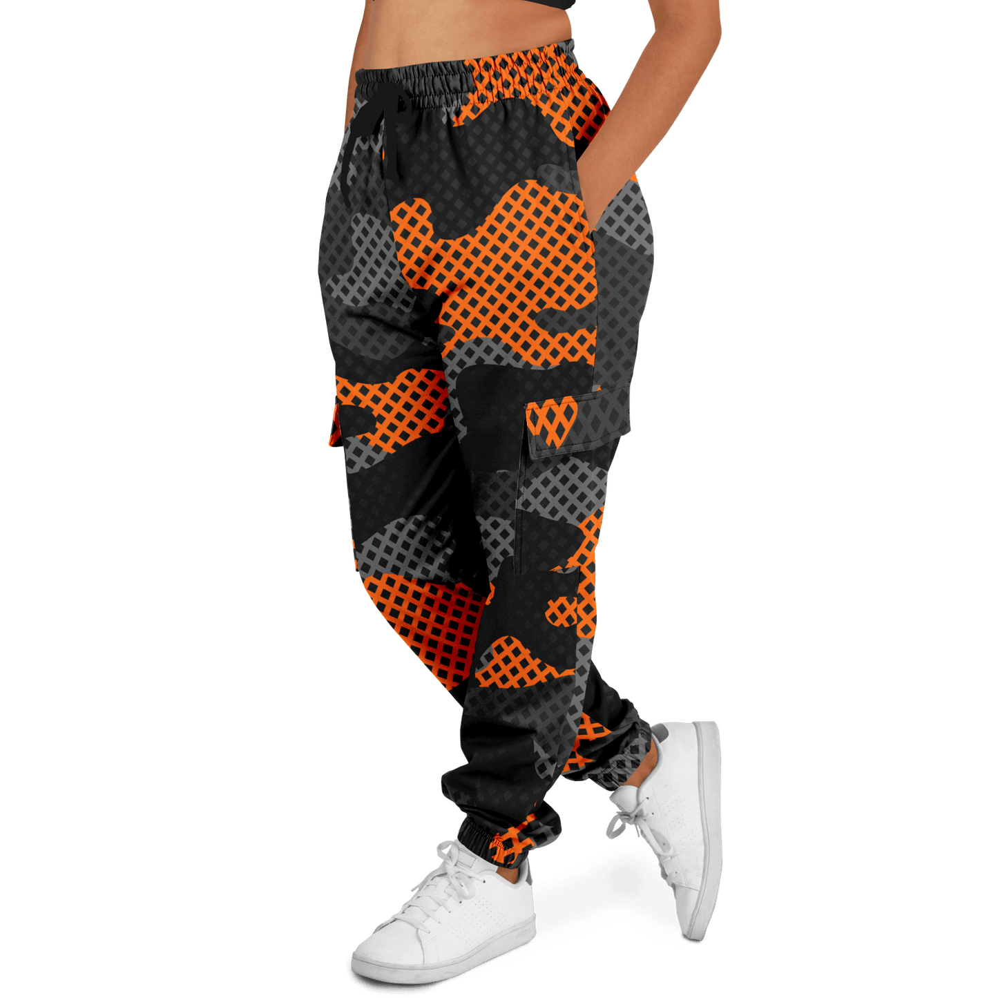 Camo Cargo Pants | Unisex | Black & Orange Pixel Camouflage