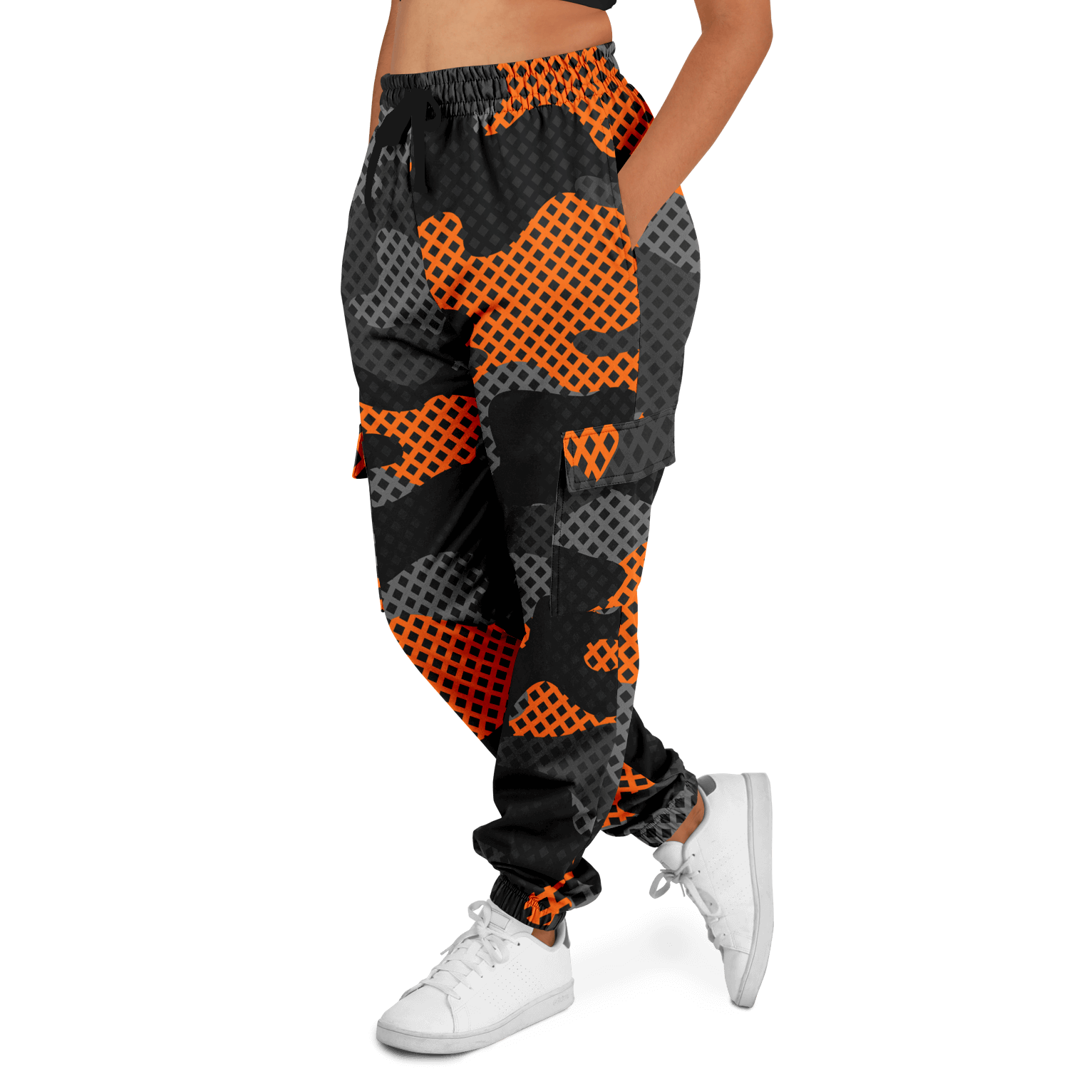 Camo Cargo Pants | Unisex | Black & Orange Pixel Camouflage