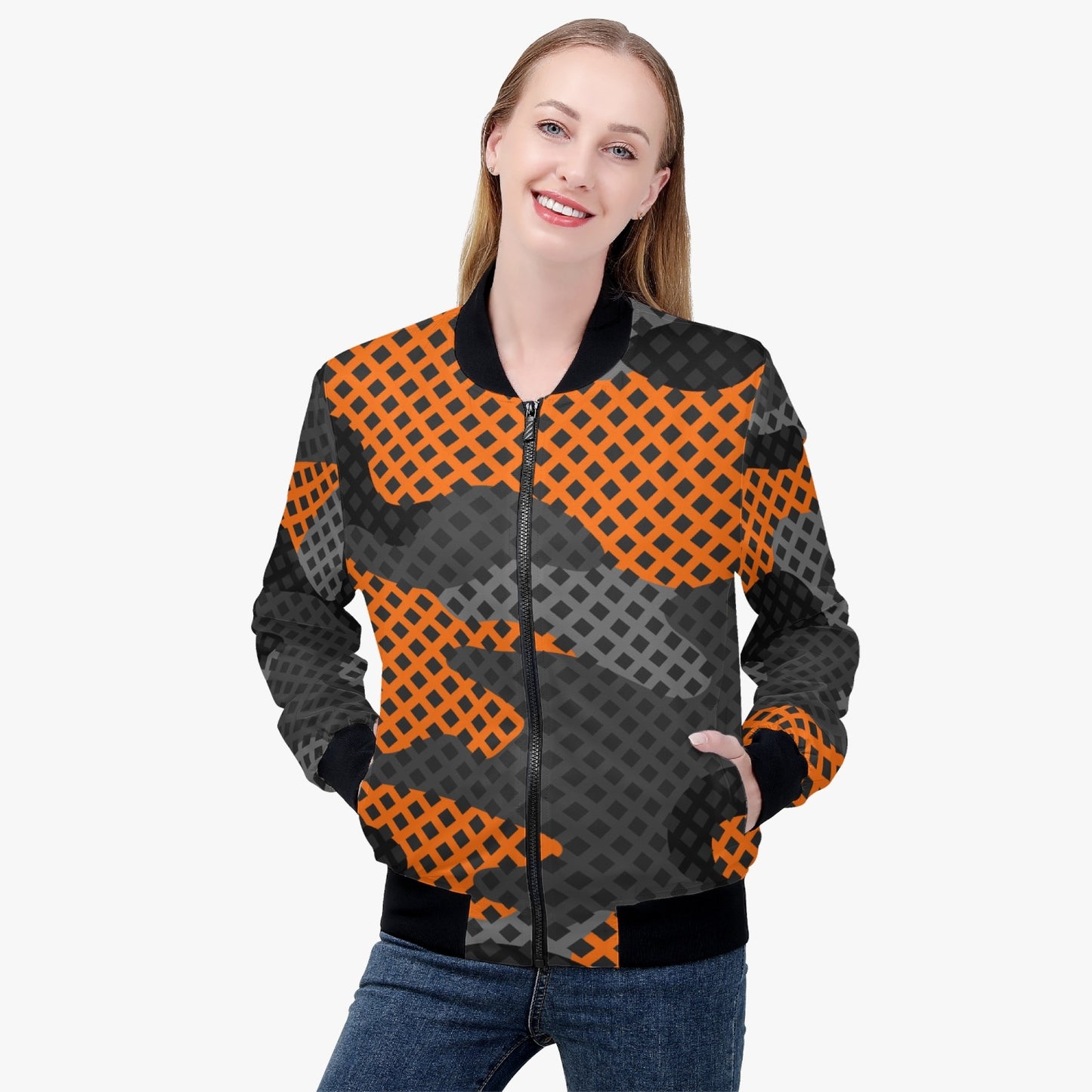 Women's Camo Bomber Jacket | Black & Orange Pixel Camouflage