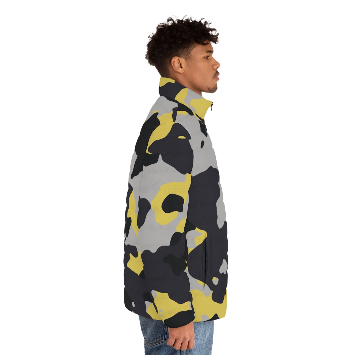 Men s Camo Puffer Jacket Yellow Black and Silver