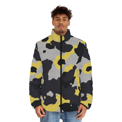 Men's Camo Puffer Jacket | Yellow, Black & Silver