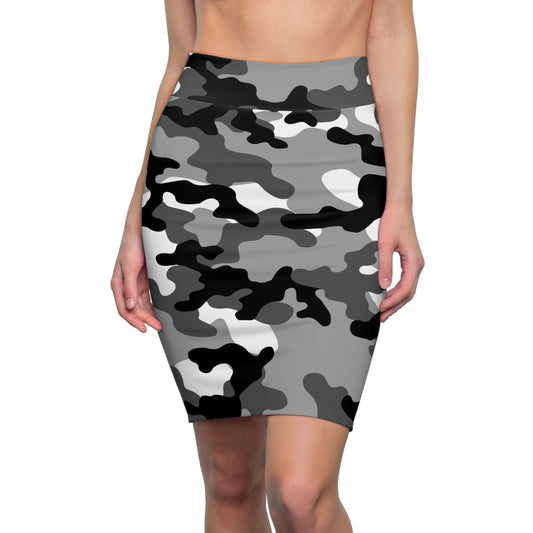 Camo Mini Skirt | Pencil Cut | Black, White, and Gray