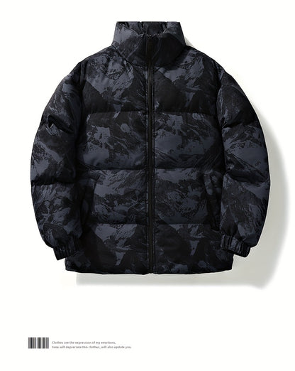 Men's Camo Hooded Puffer Jacket with Zip-Up Front