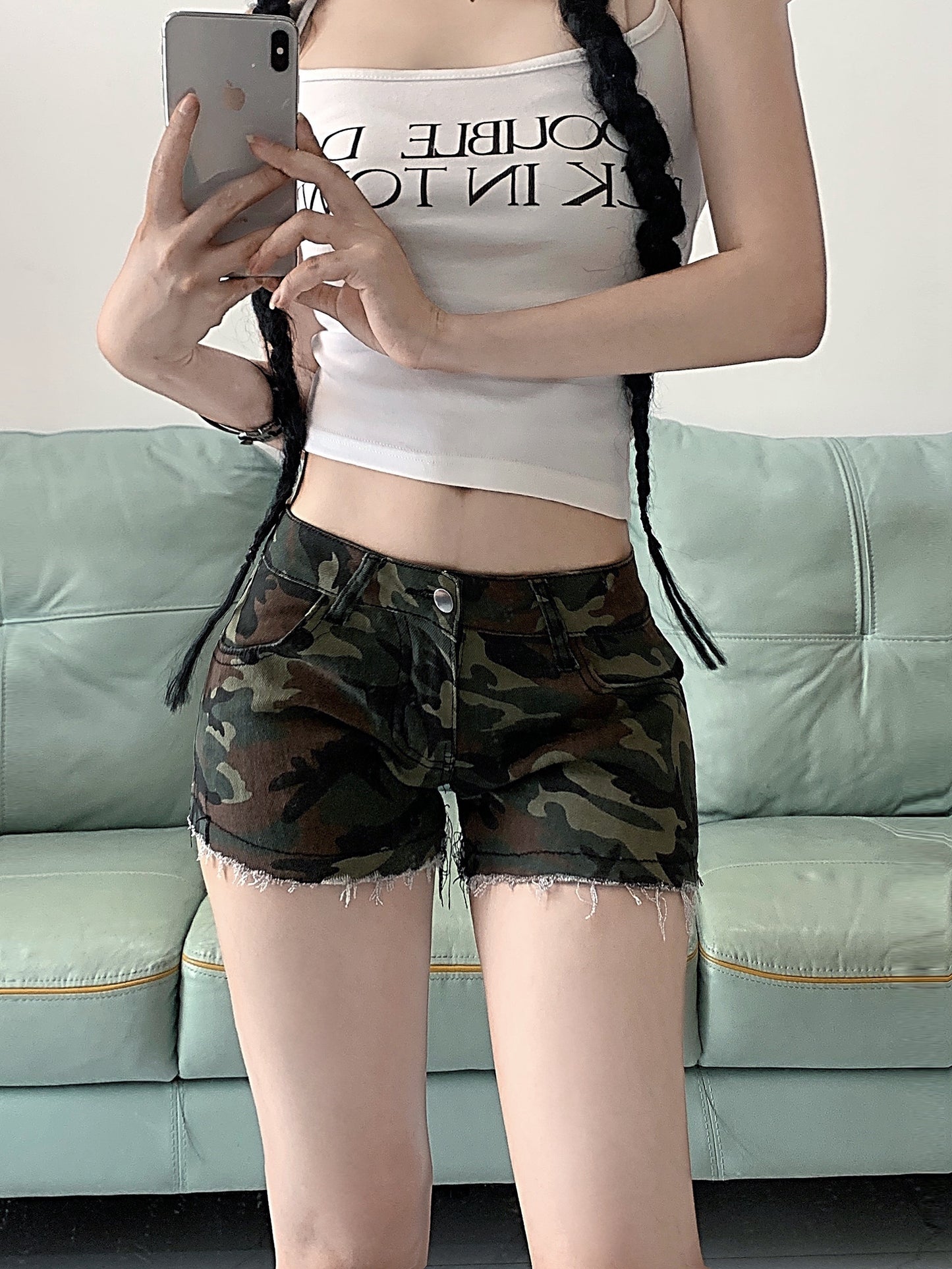 Women's Camo Denim Shorts: Straight Fit, Button Fly, Slight Stretch