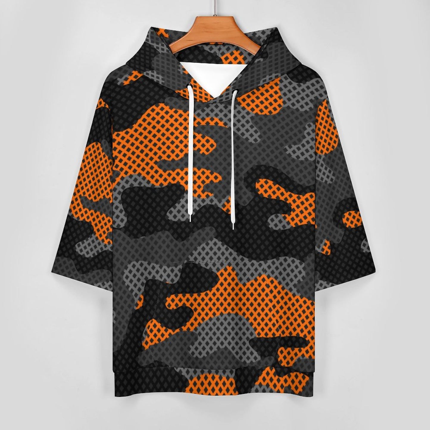 Short Sleeve Hoodie | Black & Orange Pixel Camouflage