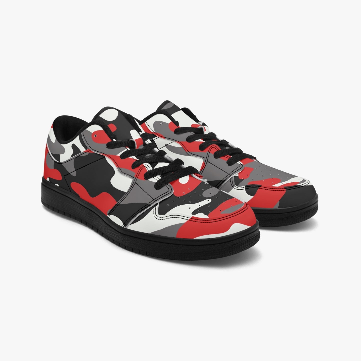 Camo Sneakers | Red Black Low-Top Leather Camouflage Shoes