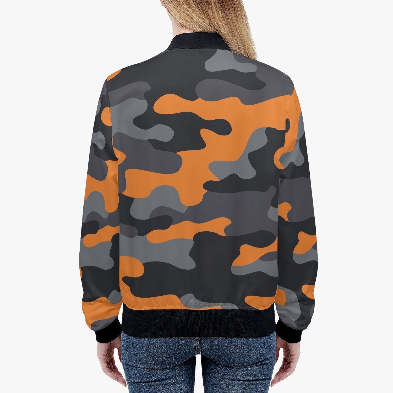 Women's Camo Bomber Jacket | Orange, Black, and Gray Camouflage