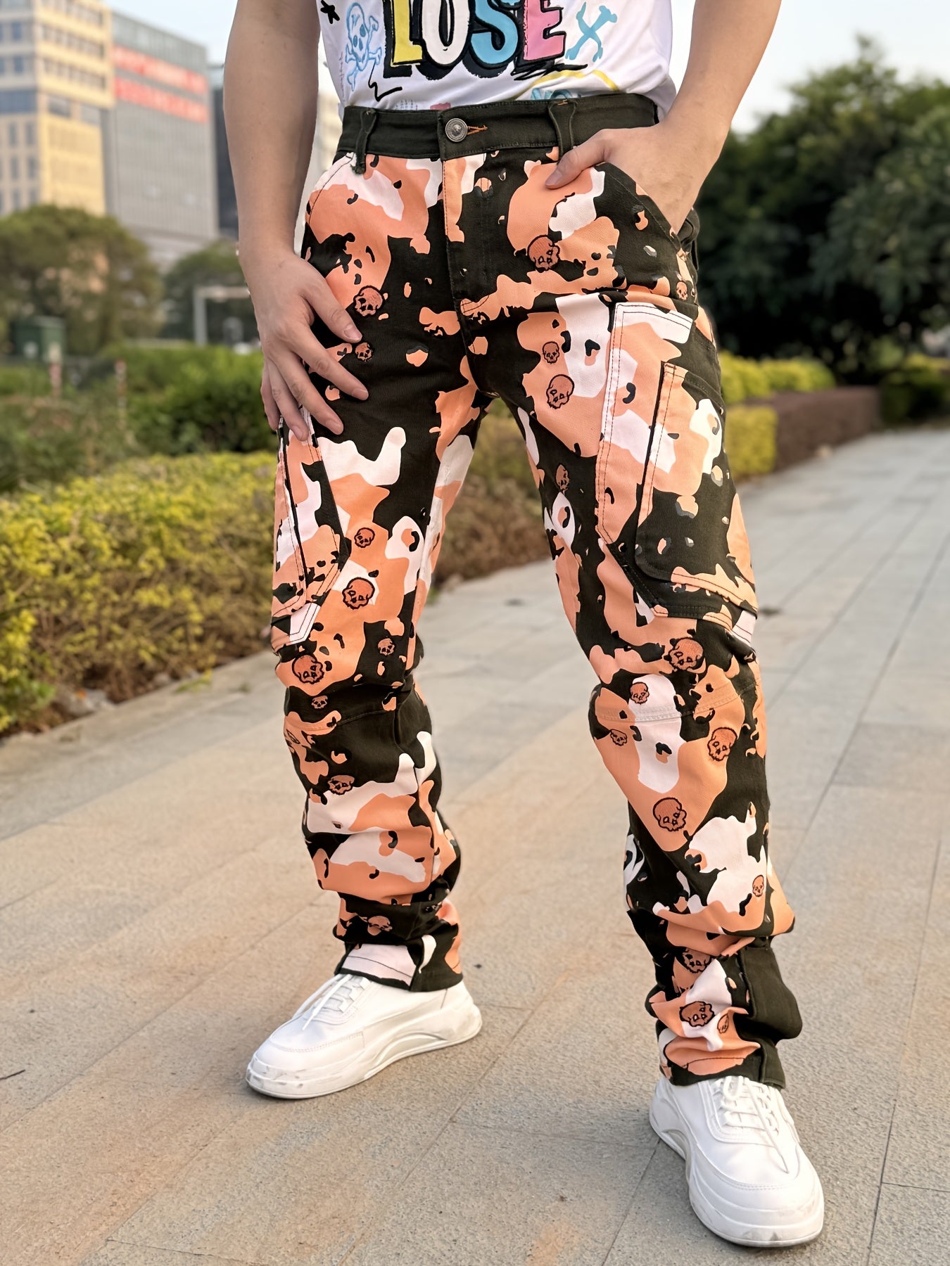 Men's Twill Stretch Pants: Full Print, Bone Embroidery, Foot Zipper