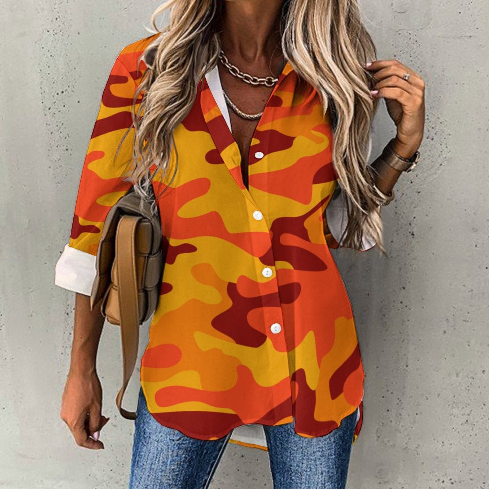 Women's Button-Up Camo Shirt | Orange & Red