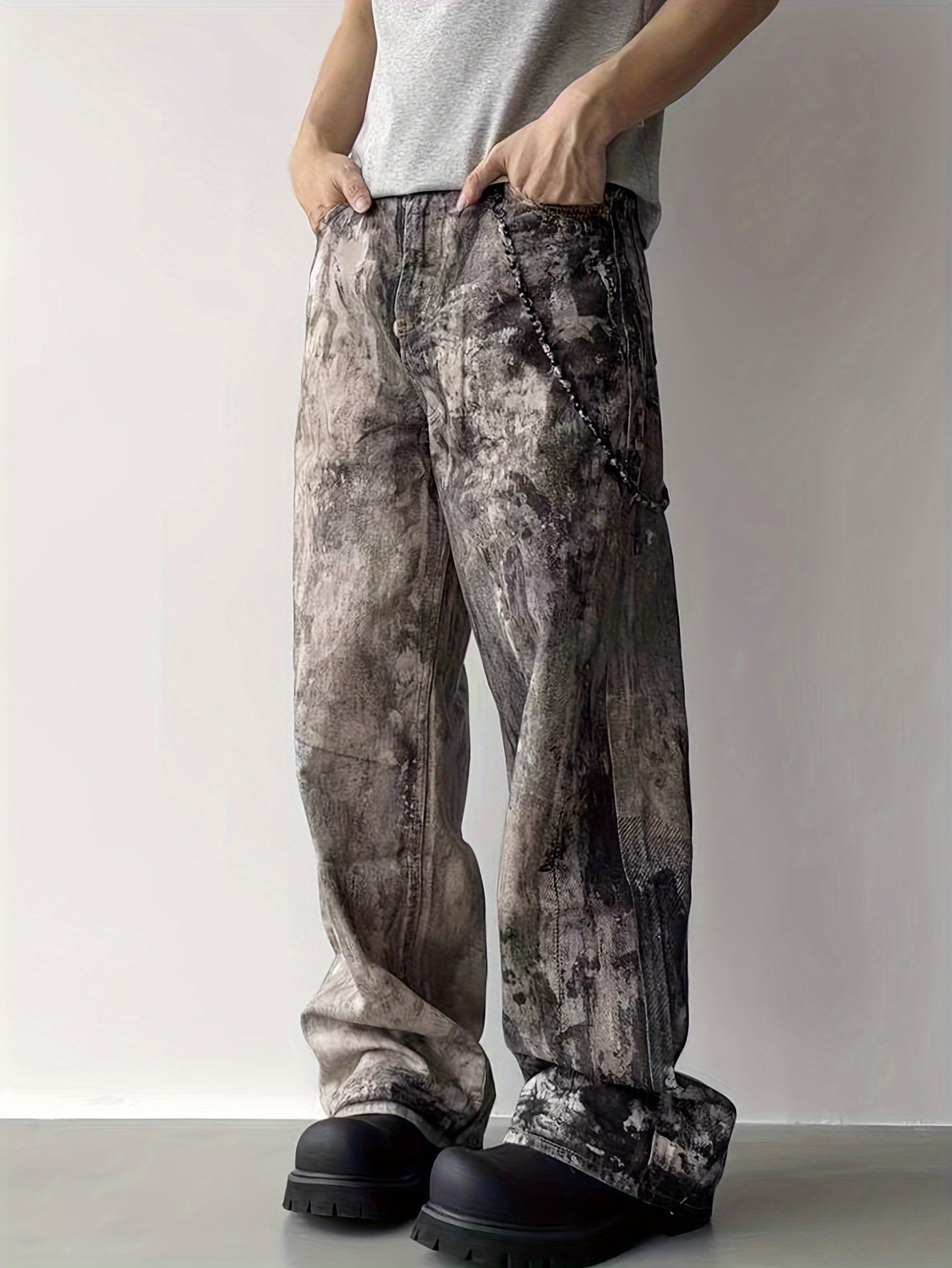 Camo Splatter Print Distressed Low-Rise Wide-Leg Jeans | Cotton Blend