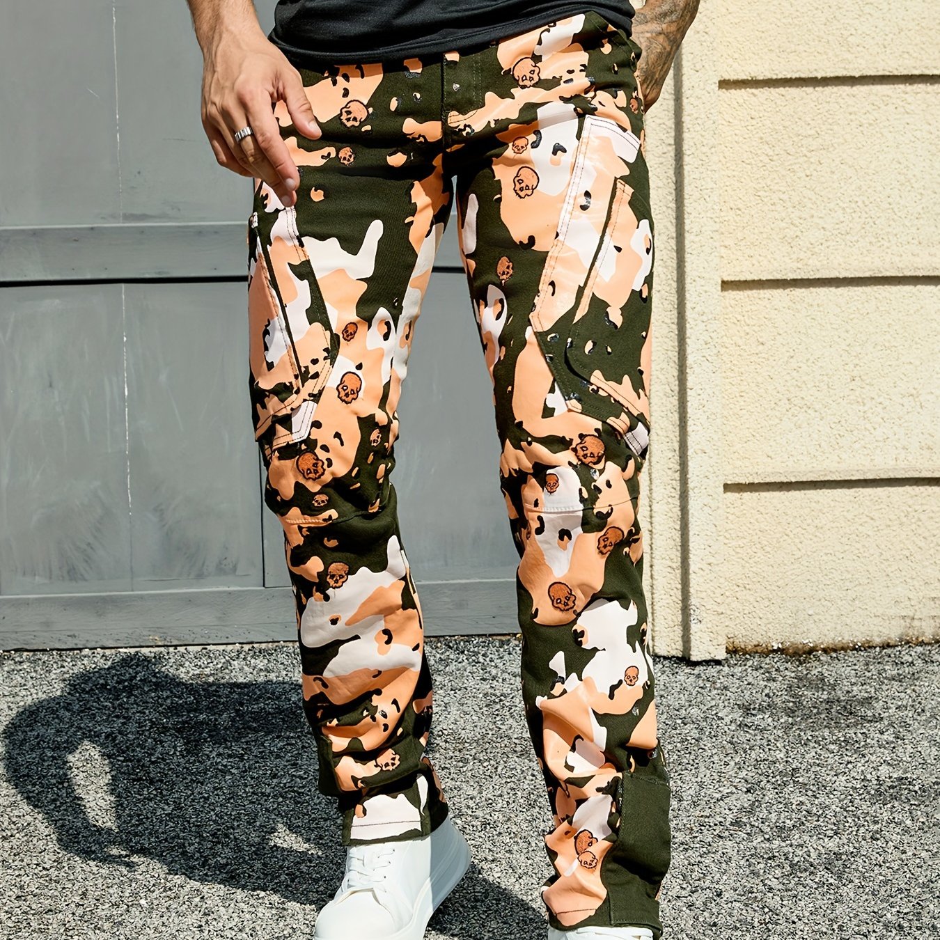 Men's Stretch Twill Pants: Full Print, Embroidery, Zipper Pockets