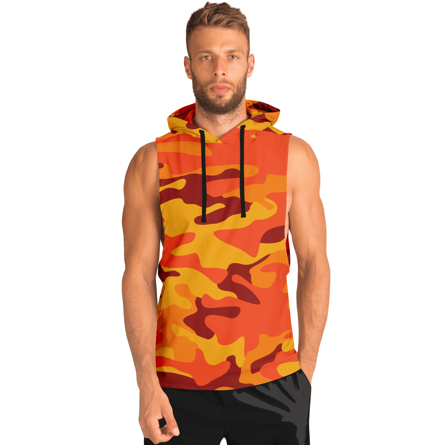 Sleeveless Hoodie | Orange & Red Camouflage