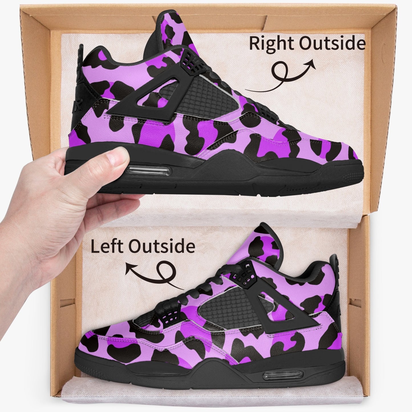 Leopard Jordans AJ4 | Purple, Blue and Black Pattern