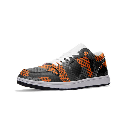 Camo Shoes | Black & Orange Pixel Low Top Leather Sneakers