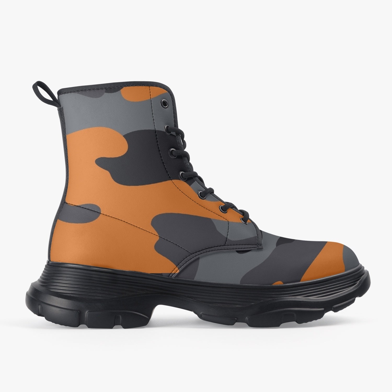 Chunky Boots | Leather in Orange, Black, & Gray Camouflage