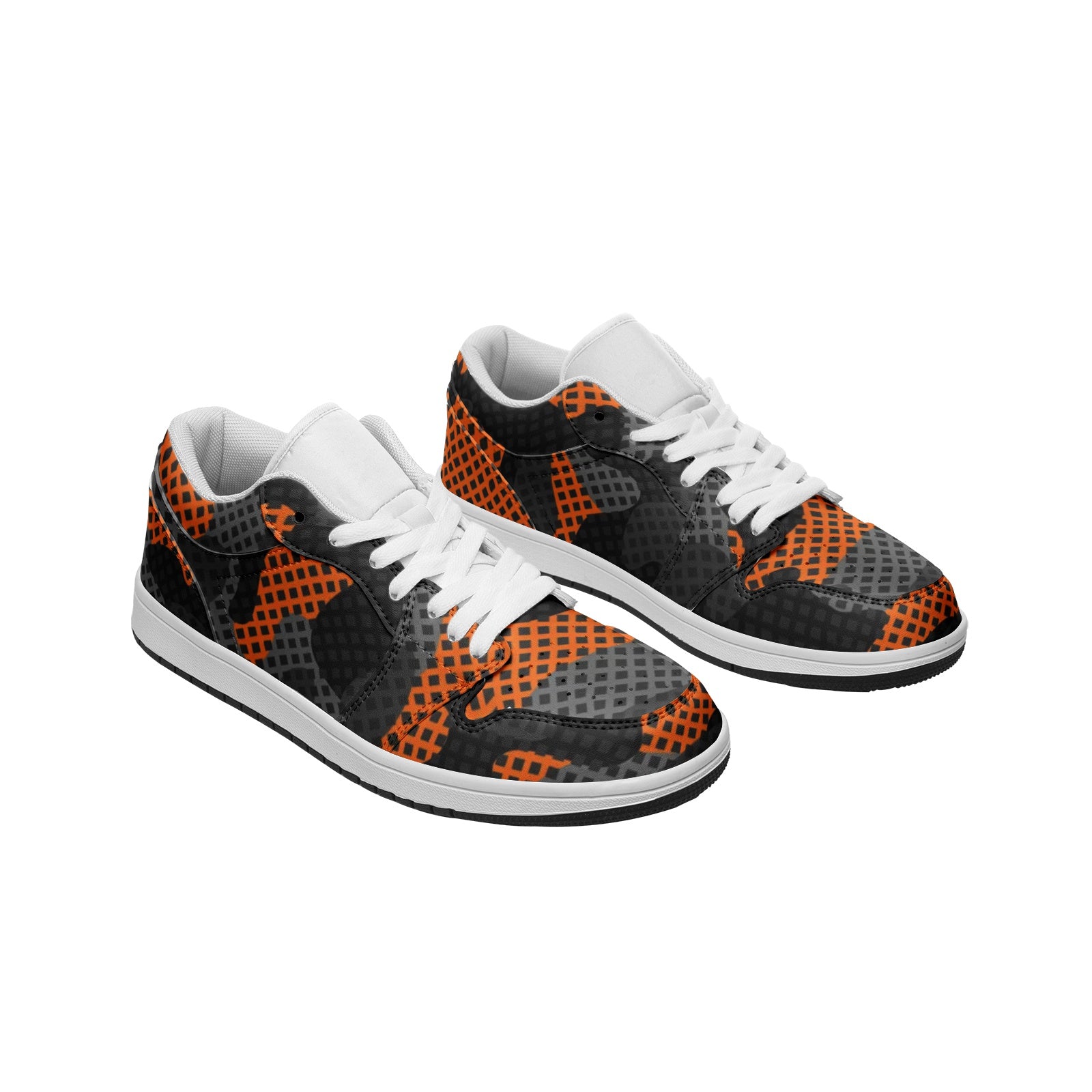 Camo Shoes | Black & Orange Pixel Low Top Leather Sneakers