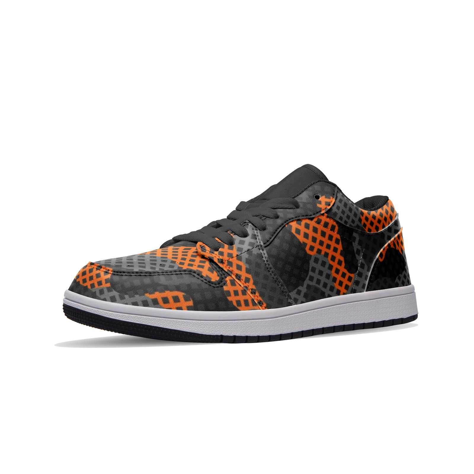 Camo Shoes | Black & Orange Pixel Low Top Leather Sneakers