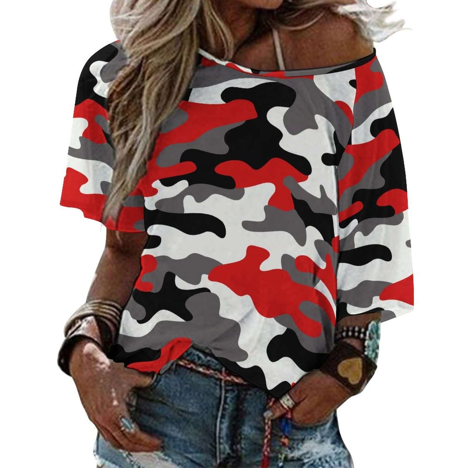 Off The Shoulder Top | Red, Black & White Camo Shirt