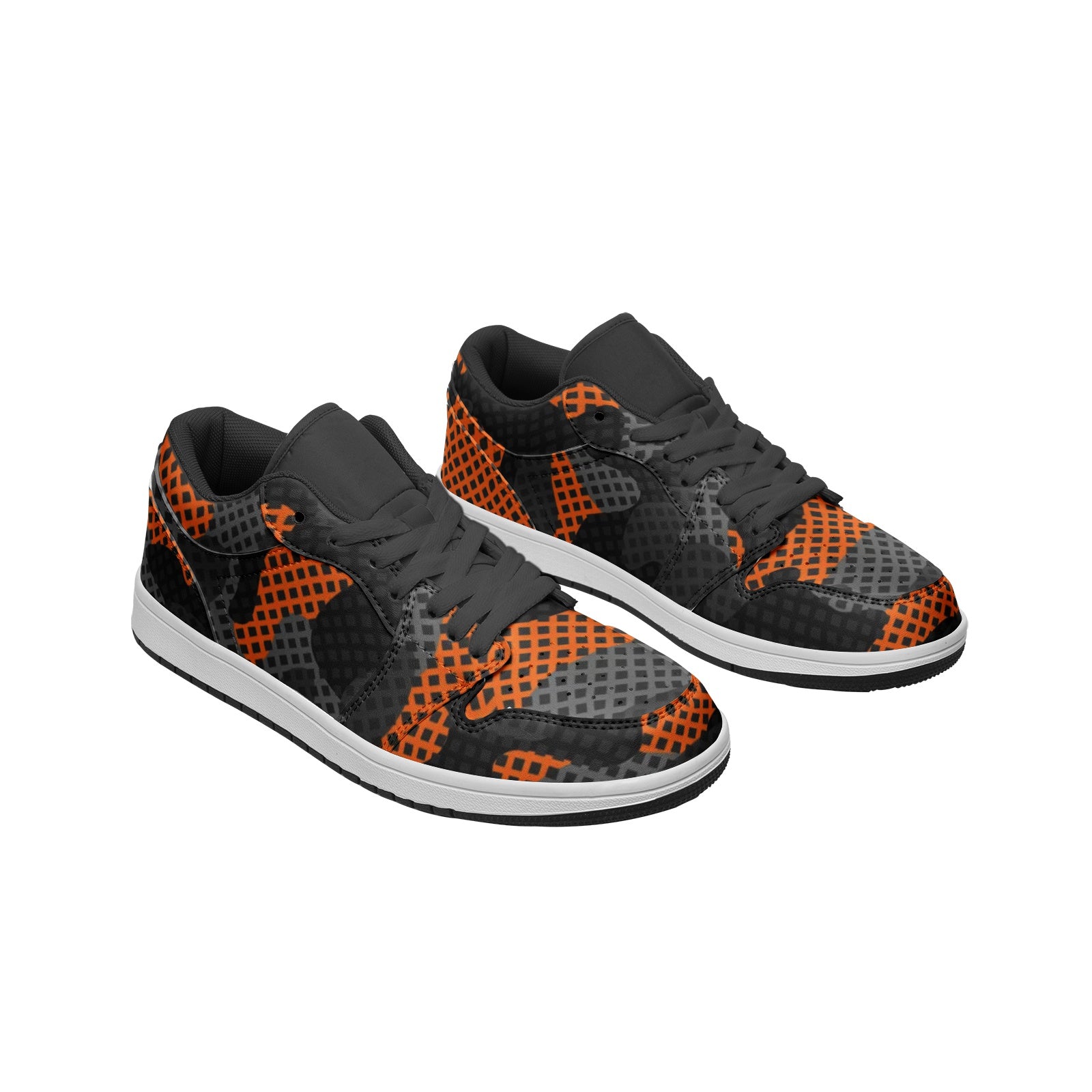 Camo Shoes | Black & Orange Pixel Low Top Leather Sneakers