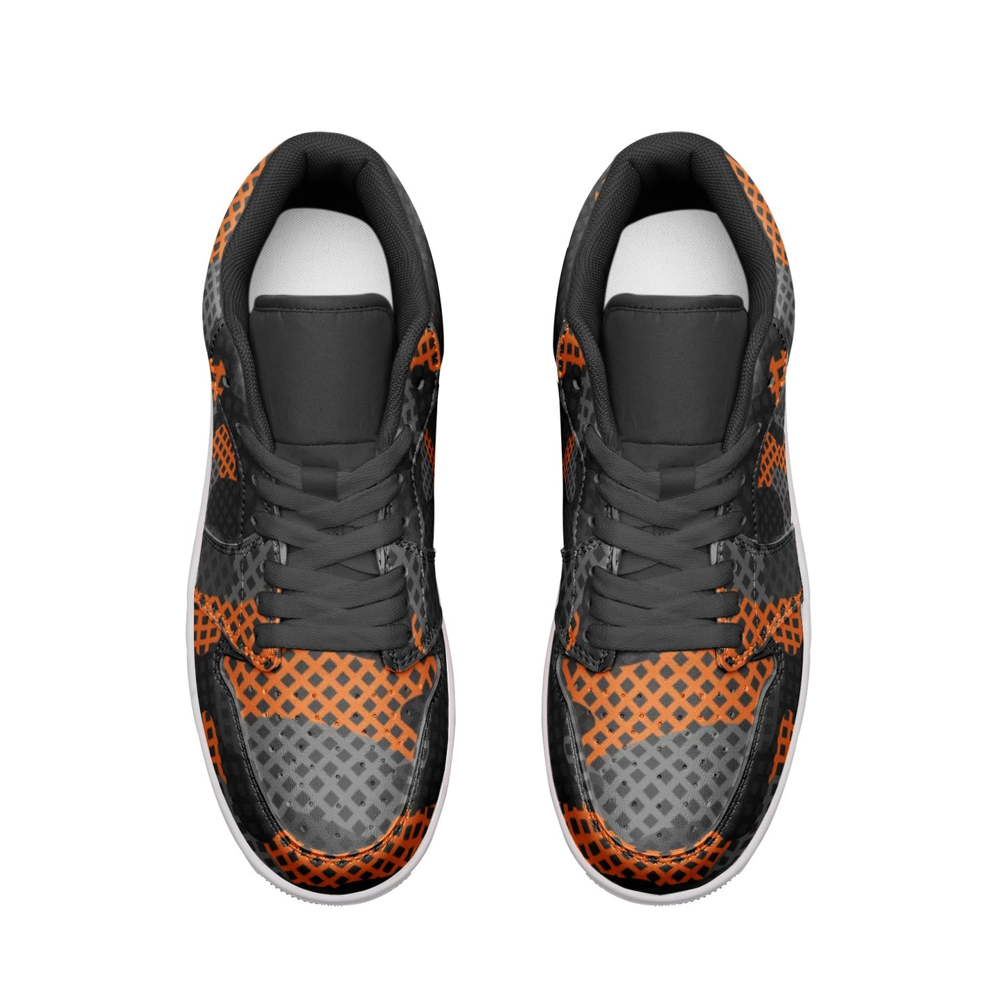 Camo Shoes | Black & Orange Pixel Low Top Leather Sneakers