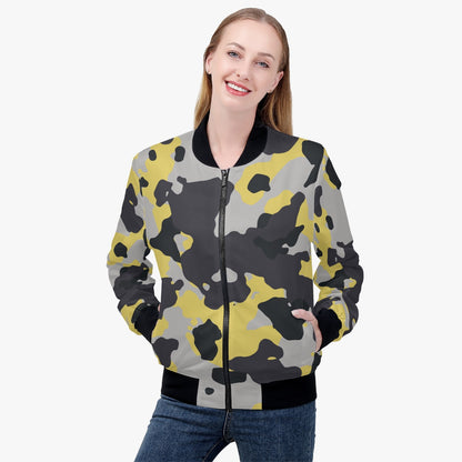 Women's Camo Bomber Jacket | Yellow, Black and Silver Camouflage