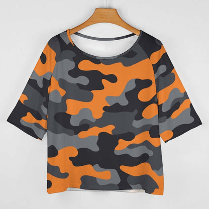 Off The Shoulder Top | Orange, Gray & Black Camo Shirt