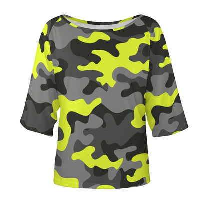 Off The Shoulder Top | Black, Gray & Yellow Camo Shirt